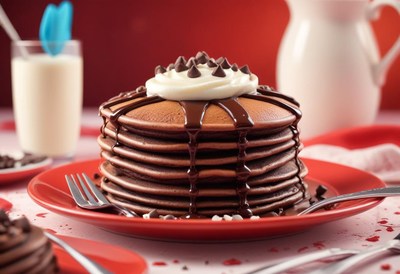 Chocolate pancakes with whipped cream and sauce
