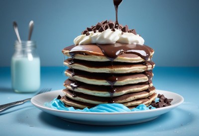 Chocolate syrup drizzles over a tall stack of pancakes