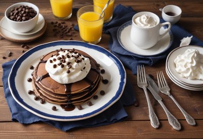 Chocolate chip pancakes with whipped cream drizzle