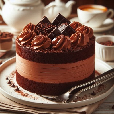 A decadent chocolate cake sits on a white plate