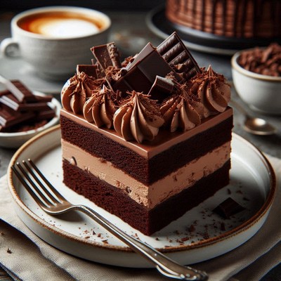 Chocolate cake with frosting and pieces on a plate