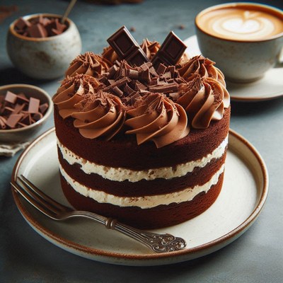 Chocolate cake with frosting and shavings