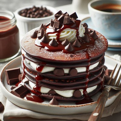 Chocolate pancakes with whipped cream and chocolate