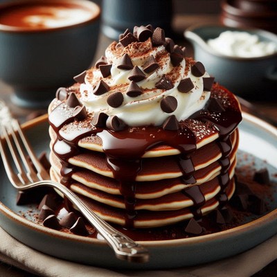 Pancakes with chocolate sauce and whipped cream