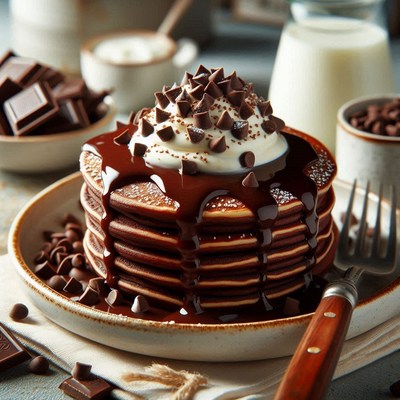 Chocolate pancakes with whipped cream and chips