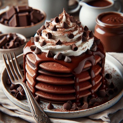Chocolate pancakes with whipped cream and chocolate chips
