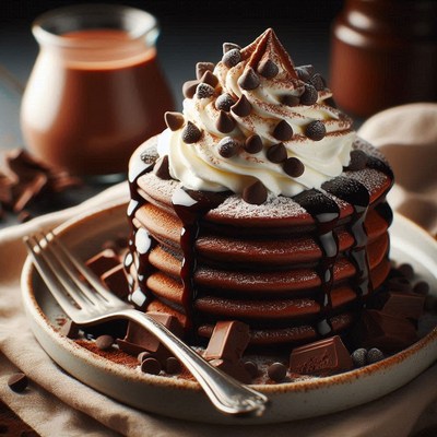 Chocolate pancakes with whipped cream and chips