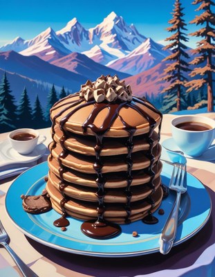 Chocolate pancakes with a mountain view