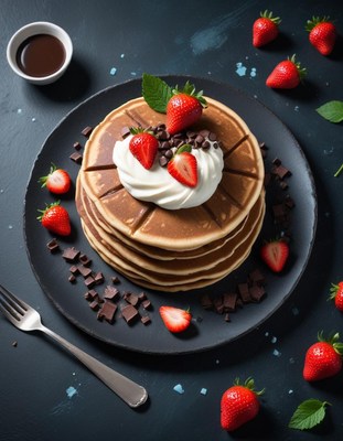 Pancakes with cream, strawberries, and chocolate chips