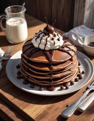 Chocolate pancakes with whipped cream and sauce