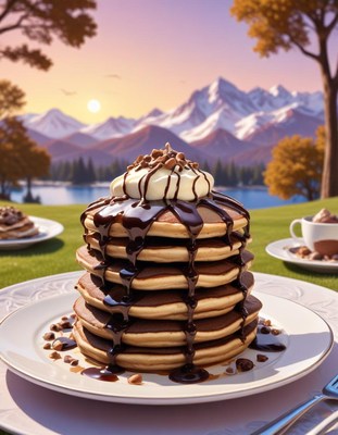 Pancakes with chocolate sauce in a mountain view