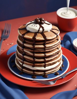 Tall stack of chocolate pancakes with cream and sauce