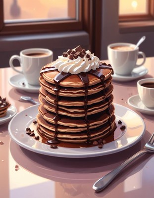 Chocolate pancake stack with cream and chips on table