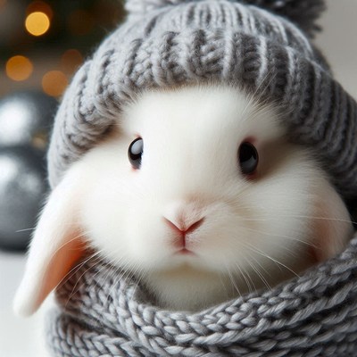 A white rabbit wears a gray knitted hat and scarf