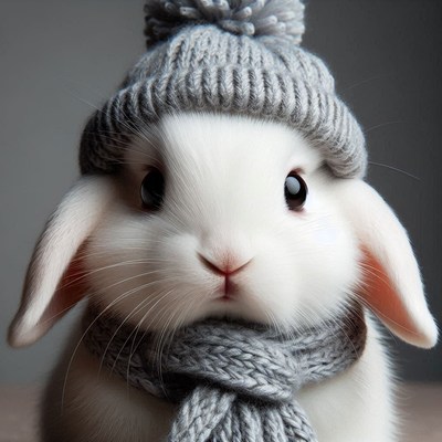 Rabbit in a knitted hat and scarf faces the camera