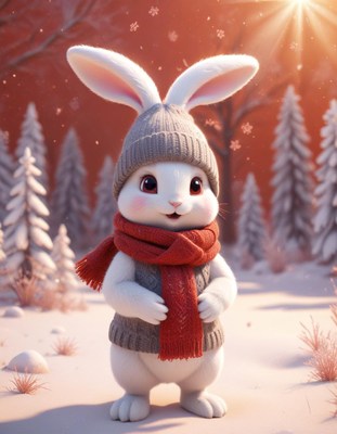 A white rabbit stands in a snowy forest