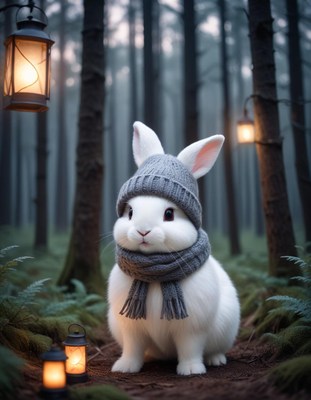 A white rabbit wearing a hat and scarf sits in a forest