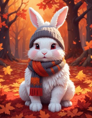 Bunny in hat and scarf sits on autumn leaves