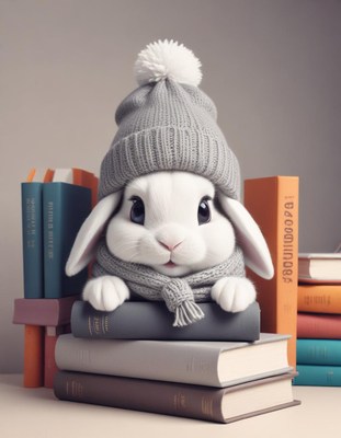Rabbit in a hat and scarf rests on books