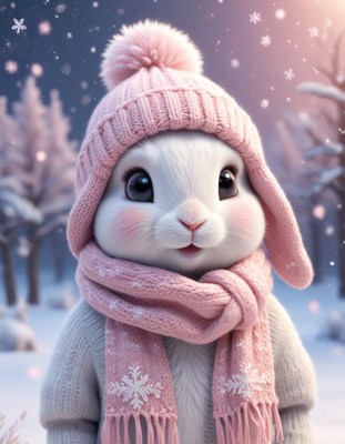 A cute rabbit in a pink hat and scarf stands in the snow