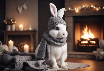 A white bunny in a hat and scarf sits by a fireplace
