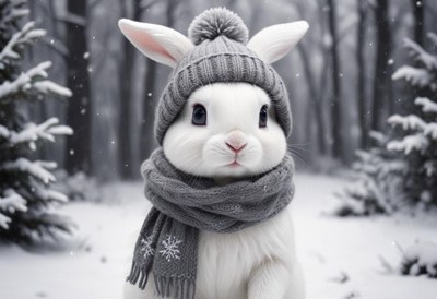A white rabbit in a hat and scarf stands in the snow