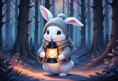 A cute bunny with a lantern walks through the forest