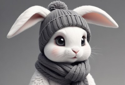 A white rabbit wearing a gray hat and scarf
