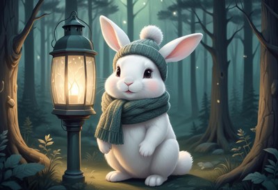 Bunny in a hat and scarf by a lamppost