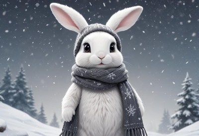 A cute bunny wearing a hat and scarf stands in the snow