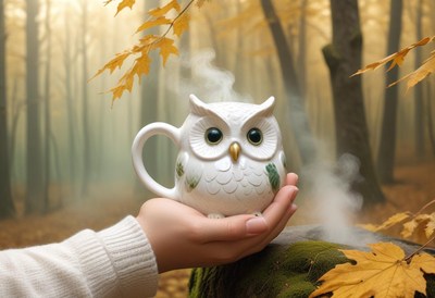A person's hand is holding a white owl-shaped mug