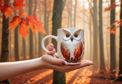 A hand holds an owl mug in a fall forest