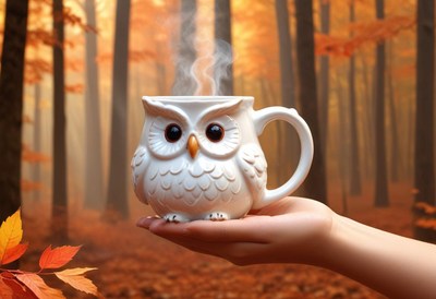 A steaming owl mug in a fall forest