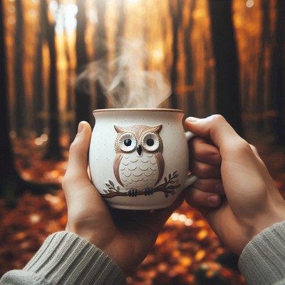 A steaming cup with an owl design in an autumn forest