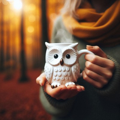 A woman holds a white owl mug in the forest