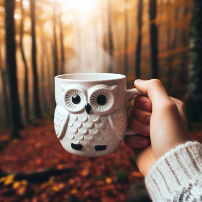 A steaming owl mug in a forest setting