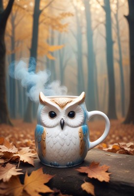 An owl mug sits in a forest during autumn