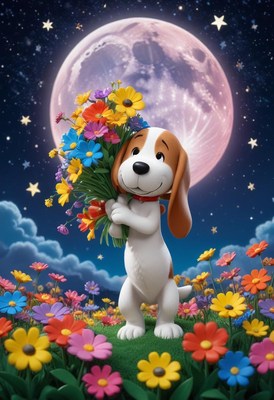 Dog with flowers in a field by the full moon