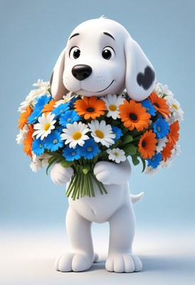 A cartoon dog holds a bouquet of flowers