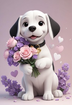 A cartoon puppy holds a bouquet of pink and purple flowers