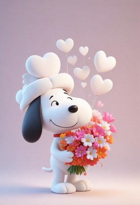 A cartoon dog holds a bouquet of flowers