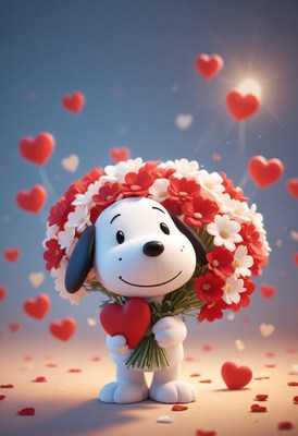 A cartoon dog holds flowers and a heart