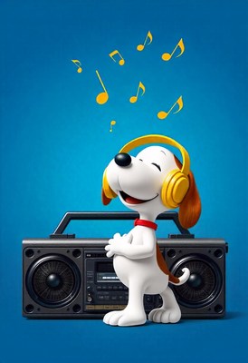 Dog enjoys music with headphones and boombox