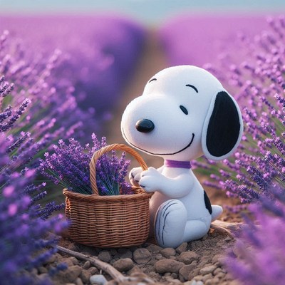 A plush dog sits in a lavender field