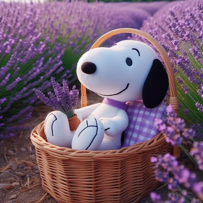 White plush dog in basket with lavender
