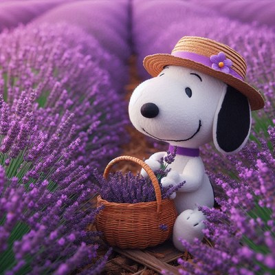 A plush dog wearing a hat picks lavender in a field
