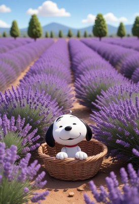 A smiling dog sits in a basket in a lavender field