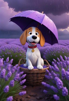 Happy dog in lavender, under purple umbrella