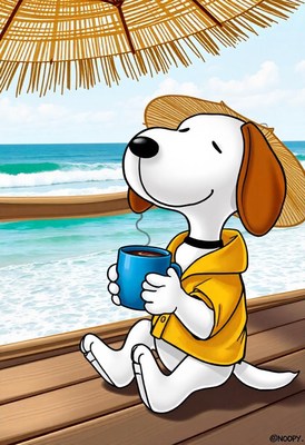 Dog sips coffee on a pier by the ocean
