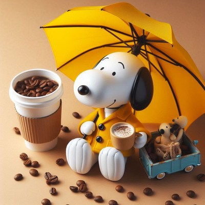 A cartoon dog enjoys coffee under a yellow umbrella